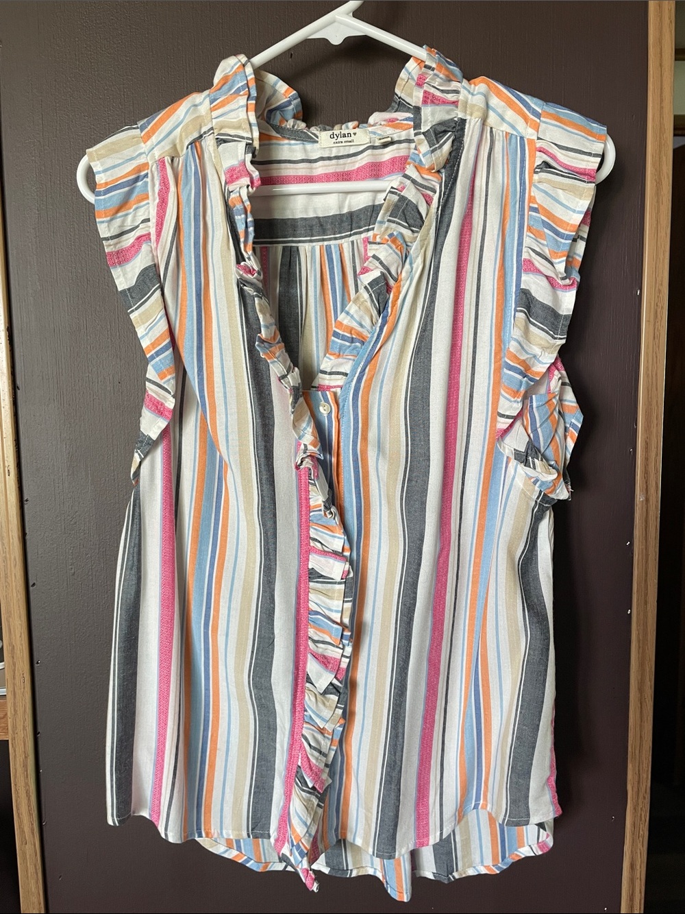 dylan sleeveless ruffle-front striped blouse - white, gray, pink, blue, orange